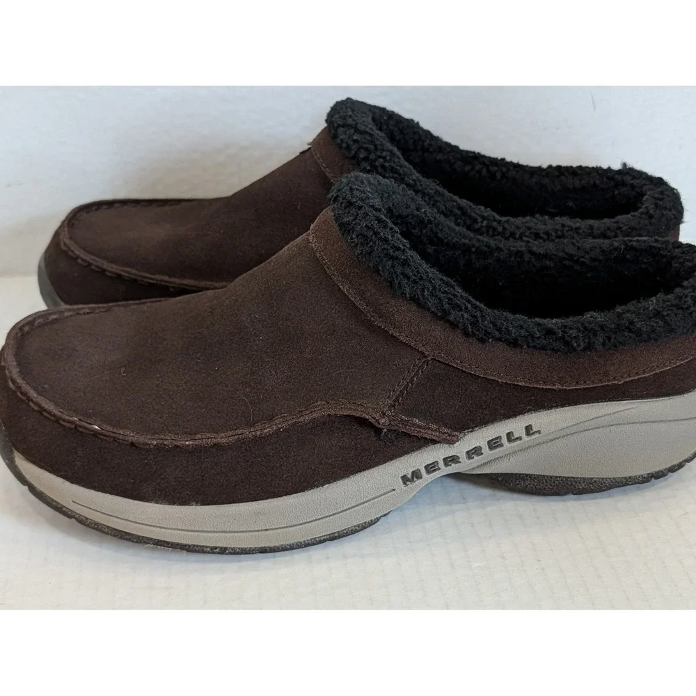 Merrell Espresso Men's 10.5 Brown Suede Fleece Lined Slip On Clogs Mules Shoes